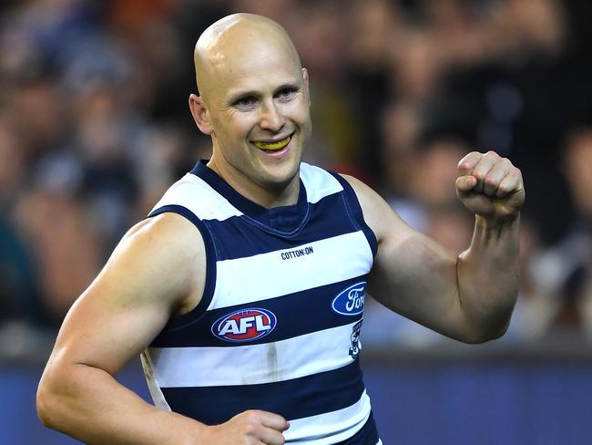 Gary Ablett of the Cats reacts after kicking a goal during the Round 12 AFL match between the Richmond Tigers and the Geelong Cats at MCG in Melbourne, Friday, June 7, 2019. (AAP Image/Julian Smith) NO ARCHIVING, EDITORIAL USE ONLY