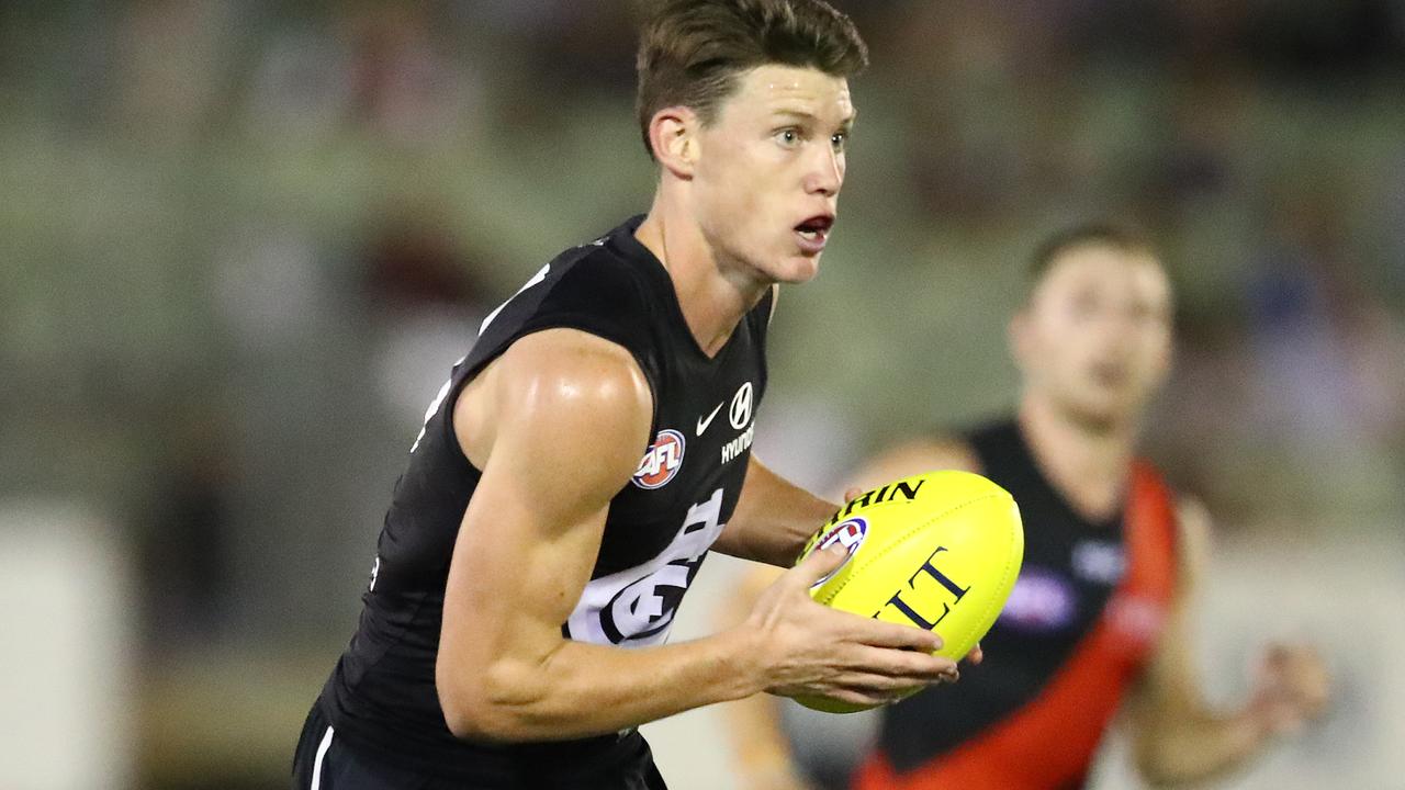 MELBOURNE, AUSTRALIA - FEBRUARY 28: Sam Walsh of the Blues runs with the ball during the 2019 JLT Community Series AFL match between the Carlton Blues and the Essendon Bombers at Ikon Park on February 28, 2019 in Melbourne, Australia. (Photo by Scott Barbour/Getty Images)