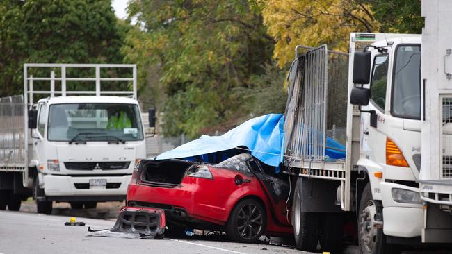 The driver, a man in his 30s, died at the scene while his male passenger, aged in his late 20s to early 30s, was taken to hospital with life threatening injuries. Picture: Sarah Matray