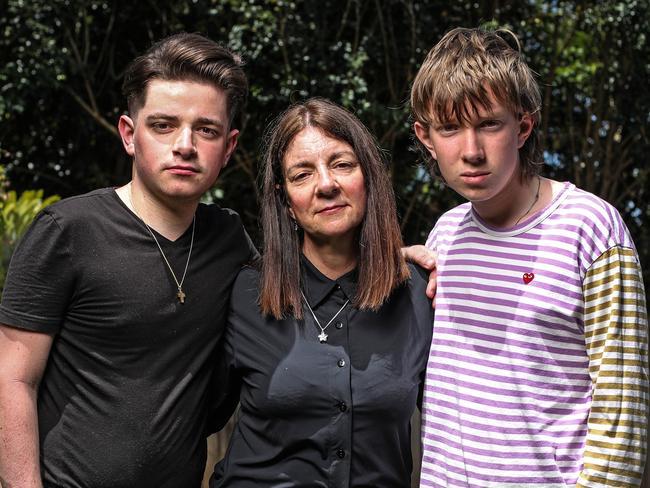 Katrina alongside sons Harrison, 21 and Riley, 16 have struggled to come to terms with the suicidal death of Baker. Picture: Zak Simmonds