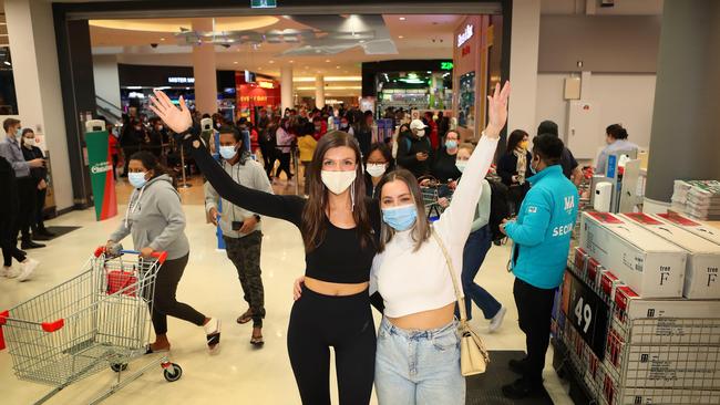 Nina Marucchi and Michelle Drvodelic outside Kmart as it reopens. Picture Rebecca Michael.