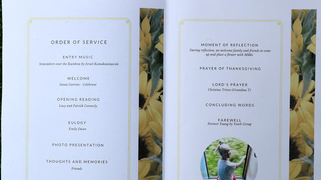 The order of service for Michaela Dunn’s memorial. Picture: Toby Zerna