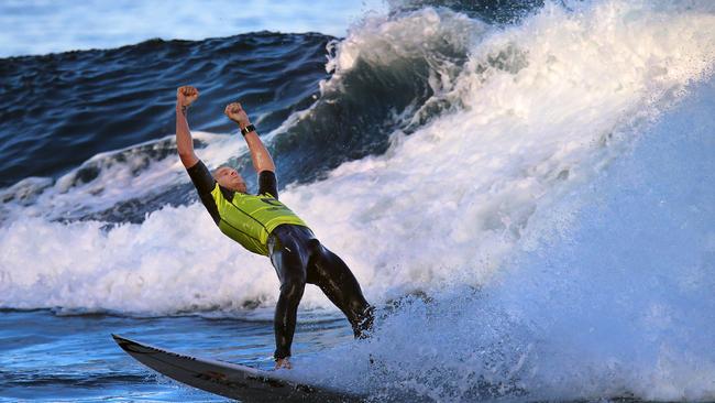 Mick Fanning after winning at Bells Beach. Pic: Alex Coppel