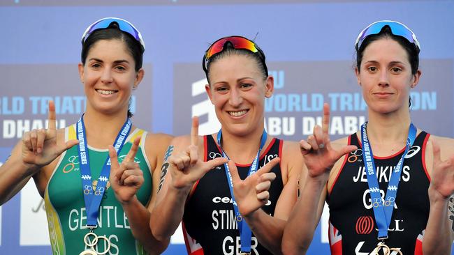 Ashleigh Gentle (left) finished second at the opening World Triathlon Series round in Abu Dhabi behind Jodie Stimpson (middle). Helen Jenkins (right) was third.