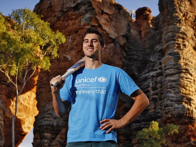 Australian cricket captain Pat Cummins in the Northern Territory remote town of Borroloola where he is helping to fund a local preschool. Picture: Sam Ruttyn