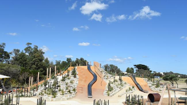 The mountain slides are popular at this new Rosebud playground.