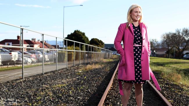 Glenorchy Mayor Kristie Johnston on the rail line through the city. Picture: LUKE BOWDEN