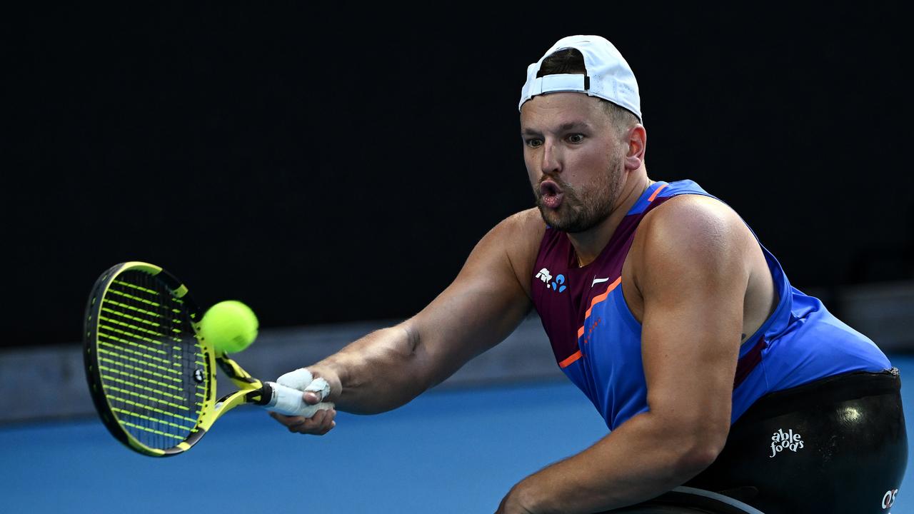 Dylan Alcott in action during Quad Wheelchair Singles Final against Sam Schroder. Picture: Quinn Rooney/Getty Images