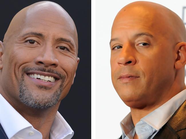 (FILES): These two file photos show actor Dwayne Johnson (L) during the Warner Bros premiere of "Central Intelligence" in Westwood, California, on June 10, 2016; and actor Vin Diesel (R) in the press room during the People's Choice Awards 2016 at Microsoft Theater in Los Angeles, California, on January 6, 2016.  When they butted chests in "Fast Five," movie hardmen Vin Diesel and Dwayne "The Rock" Johnson -- or rather their onscreen characters -- almost ended up taking out half of Rio. So it could be time for Hollywood to batten down the hatches, because the film industry's most macho musclemen appear to have beef in real life.   / AFP PHOTO / Angela WEISS AND CHRIS DELMAS / XGTY