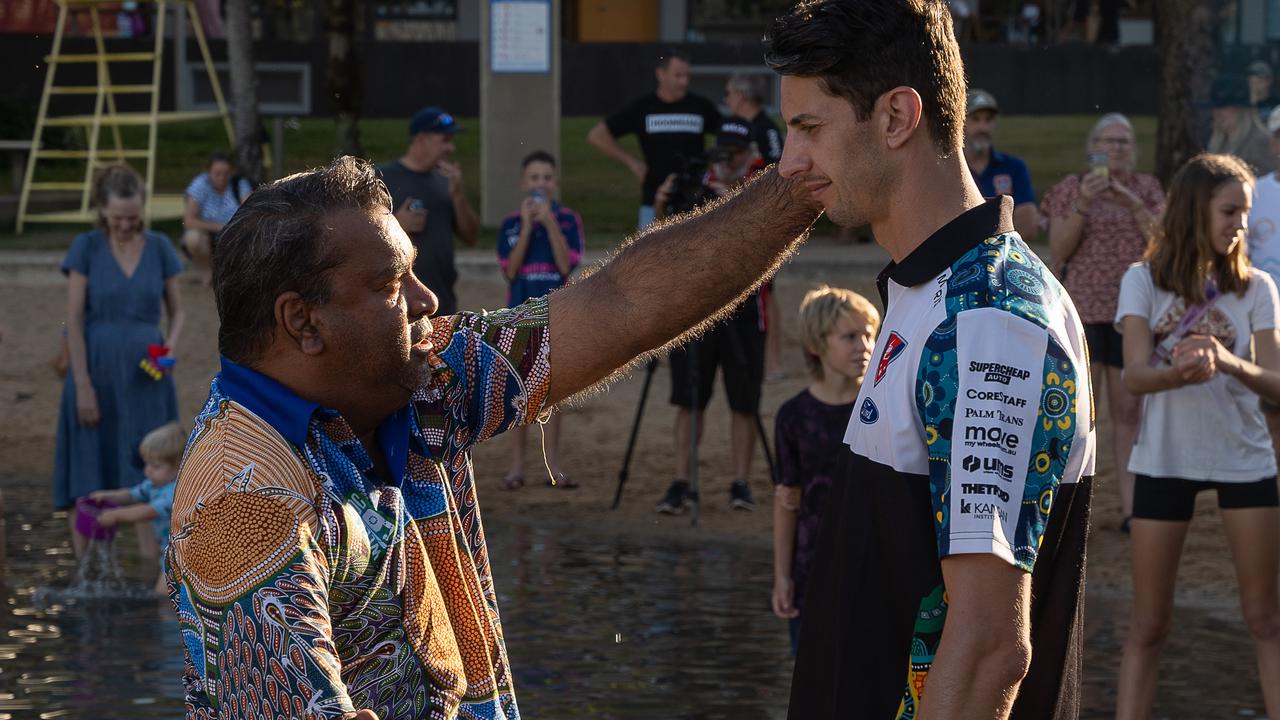 Driver and Rider signing at Darwin Waterfront for betr Darwin triple crown 2023 Dr Richard Fejo and Nick Percat commencing welcome to the country. Picture: Pema Tamang Pakhrin