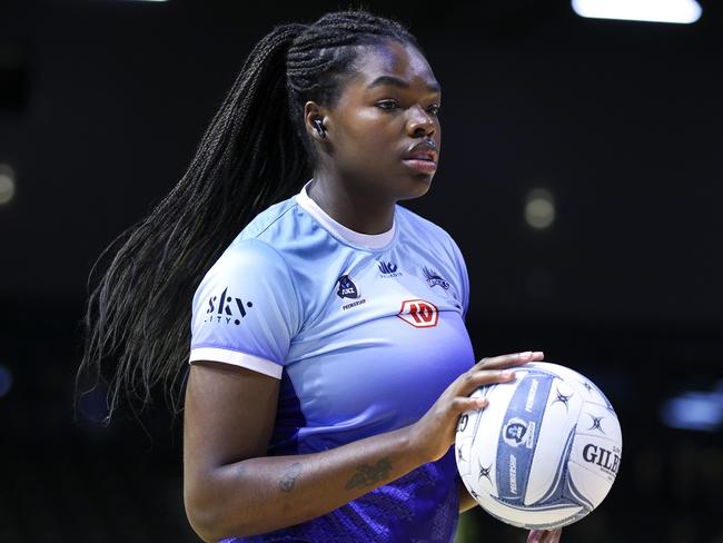 WELLINGTON, NEW ZEALAND - AUGUST 04: Grace Nweke of the Mystics warms up during the 2024 ANZ Premiership Grand Final match between the Pulse and Mystics at TSB Arena on August 04, 2024 in Wellington, New Zealand. (Photo by Hagen Hopkins/Getty Images)