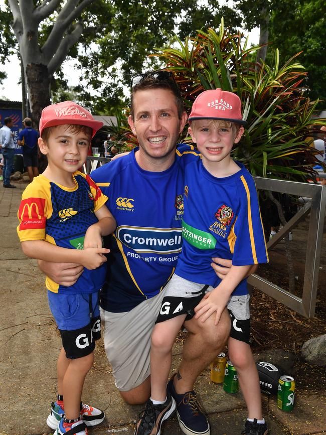 Troy Williamson with his boys Sonny age 5 and Fletcher age 6. Rugby union national championships between Easts and Gordon. Saturday March 20, 2021. Picture, John Gass