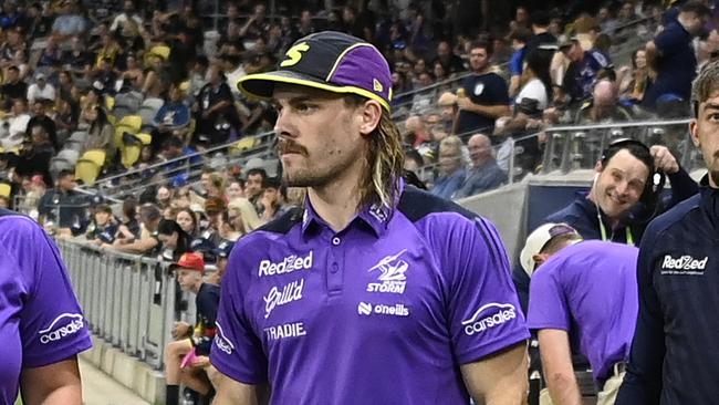 TOWNSVILLE, AUSTRALIA - AUGUST 29: Ryan Papenhuyzen of the Storm is seen with ice strapped to his leg during the round 26 NRL match between North Queensland Cowboys and Melbourne Storm at Qld Country Bank Stadium, on August 29, 2024, in Townsville, Australia. (Photo by Ian Hitchcock/Getty Images)