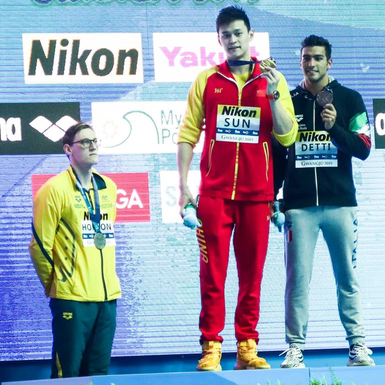 Horton refuses to stand on the podium with Sun Yang at the 2019 FINA World Championships. Picture: Visual China Group via Getty Images/Visual China Group via Getty Images