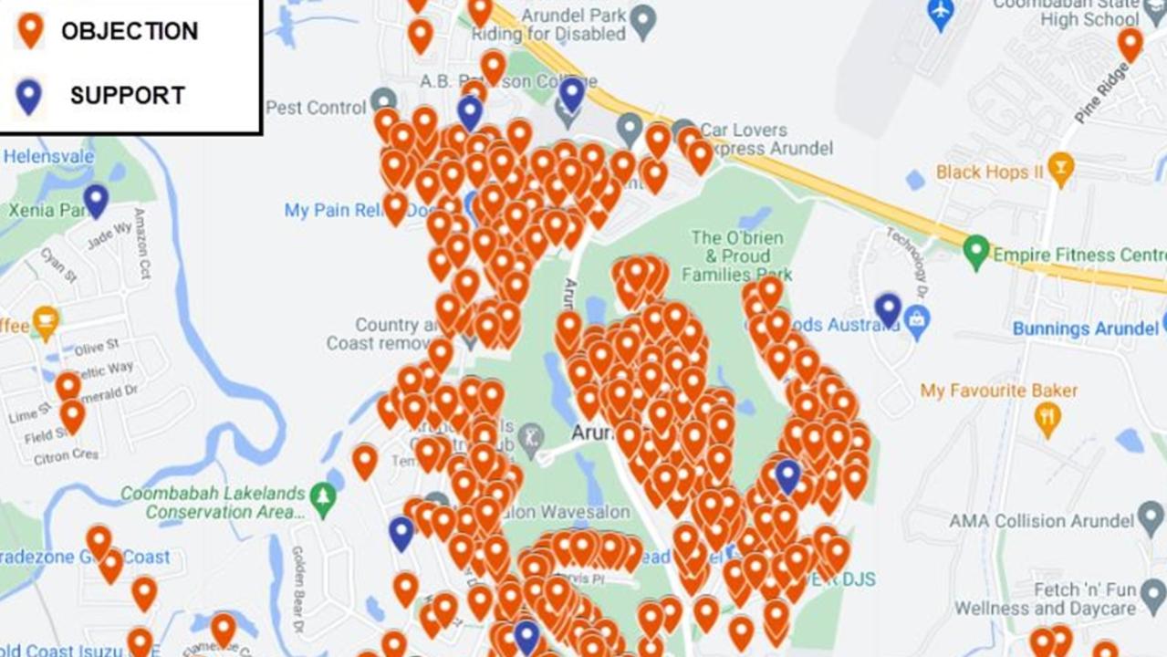 A map showing location for people either objecting or supporting an application for development of the Arundel Hills Residential Estate.