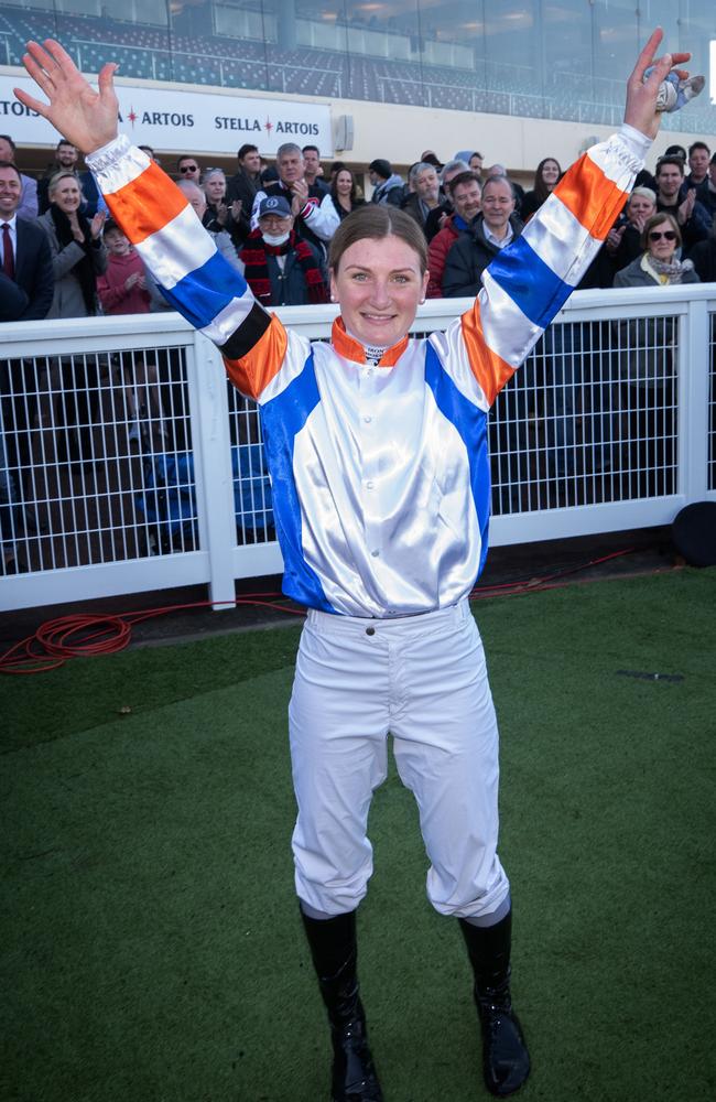 Kah celebrating her 100th win. Picture: Tony Gough