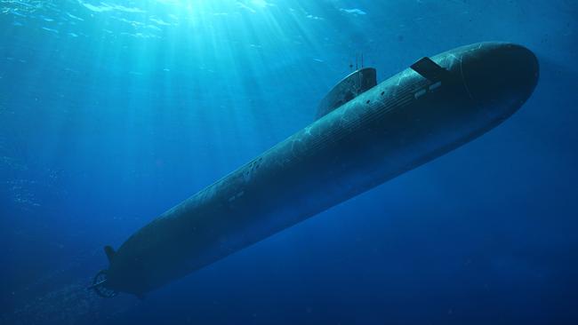 An artist's impression of the future SSN-AUKUS nuclear-powered submarine to be built in Australia using a hybrid UK and US design. Picture: Defence