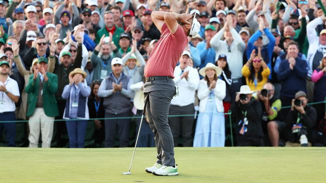 Jon Rahm after his final par putt to claim the Masters. (Photo by Christian Petersen / GETTY IMAGES NORTH AMERICA / Getty Images via AFP)