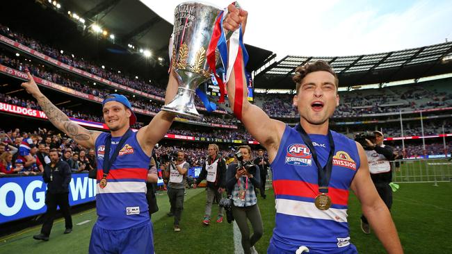 Clay Smith and Luke Dahlhaus celebrate the premiership win. Picture: Mark Stewart