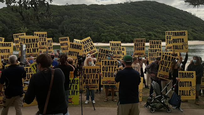 Protesters gather for launch of anti-light rail group Save Our Southern Gold Coast at Tallebudgera Community Centre.