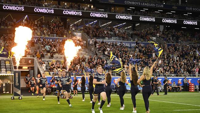 TOWNSVILLE, AUSTRALIA – SEPTEMBER 14: The Cowboys run onto the field during the NRL Qualifying Final match between North Queensland Cowboys and Newcastle Knights at Queensland Country Bank Stadium on September 14, 2024 in Townsville, Australia. (Photo by Ian Hitchcock/Getty Images)