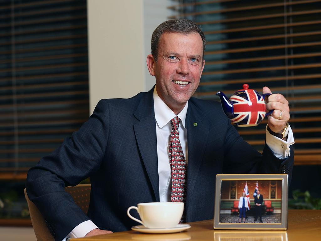 Trade Minister Dan Tehan with a teapot he was given by the UK Trade Minister Elizabeth Truss in Parliament House in Canberra. Picture: The Australian/Gary Ramage