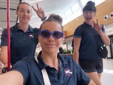 Melbourne Ice player Neila Brenning, partner of AFL player Marcus Bontempelli, leaving Adelaide Airport in a wheelchair after a carbon monoxide poisoning after a leak at the Ice Arena. Picture: Instagram