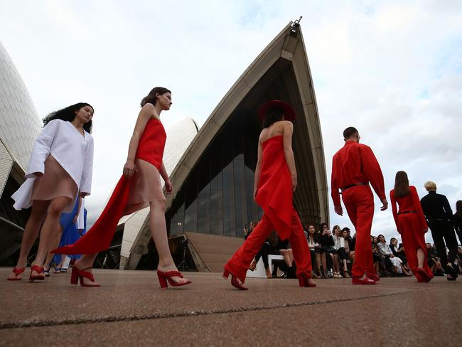 Models walk the runway during the Mercedes-Benz Presents Dion Lee show at Mercedes-Benz Fashion Week Resort 18 Collections at the Sydney Opera House. Picture: Mark Metcalfe