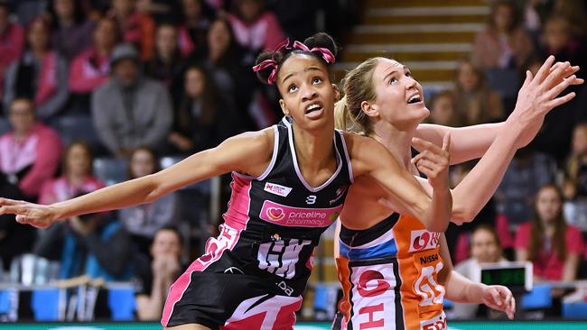 Thunderbirds import Shamera Sterling competes with Giants player Caitlin Bassett during last year’s Super Netball competition. Picture: Mark Brake/Getty Images