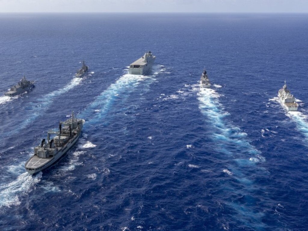 A formation exercise was conducted by HMA Ships Adelaide, Success, Melbourne and Toowoomba in company with HMNZS Te Mana and HMCS Vancouver during the transit to Hawaii to take part in Exercise RIMPAC 2018. Picture: RAN