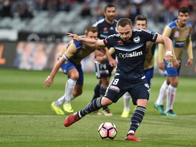 Besart Berisha lines up for a penalty. Picture: AAP