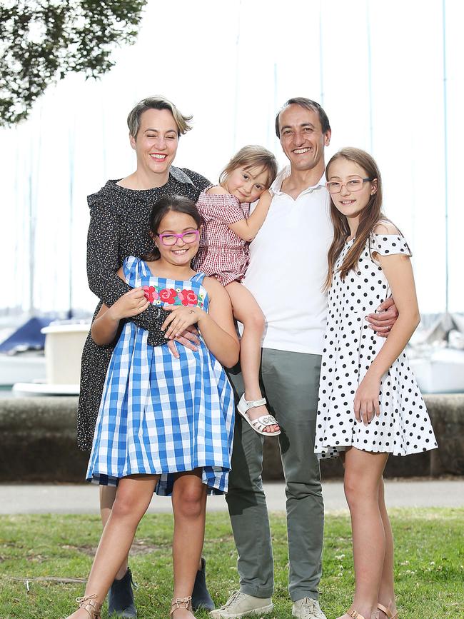 Liberal candidate for Wentworth Dave Sharma with his wife Rachel Lord and daughters (from left) Estella, Daphne and Diana at Rushcutters Bay Park.