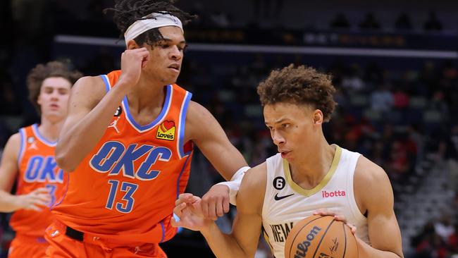 Dyson Daniels of the New Orleans Pelicans drives against Ousmane Dieng of the Oklahoma City Thunder. Picture: Jonathan Bachman/Getty Images