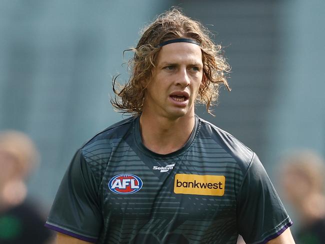 MELBOURNE, AUSTRALIA - MAY 05: Nat Fyfe of the Dockers warms up during the 2024 AFL Round 08 match between the Richmond Tigers and the Fremantle Dockers at The Melbourne Cricket Ground on May 05, 2024 in Melbourne, Australia. (Photo by Michael Willson/AFL Photos via Getty Images)