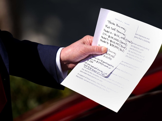 WASHINGTON, DC - MARCH 11: U.S. President Donald Trump, joined by White House Senior Advisor, Tesla and SpaceX CEO Elon Musk and his son X Æ A-Xii, delivers remarks next to a Tesla Model Y on the South Lawn of the White House on March 11, 2025 in Washington, DC. Trump spoke out against calls for a boycott of Elon Musk’s companies and said he would purchase a Tesla vehicle in what he calls a ‘show of confidence and support’ for Elon Musk. (Photo by Andrew Harnik/Getty Images)