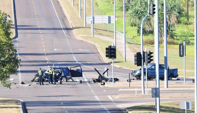 The wrecked Toyota Rav 4 and Ford Ranger at the intersection of Tiger Brennan Dr and Berrimah Rd. Picture: Katrina Bridgeford.