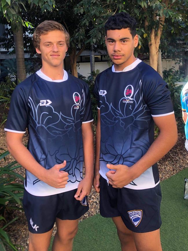 Helensvale Hogs and Queensland Country U16 teammates Noah Fielding (L) and Dimitrius Williams have joined Brisbane Boys' College (BBC) in the GPS Rugby competition. Picture: Supplied