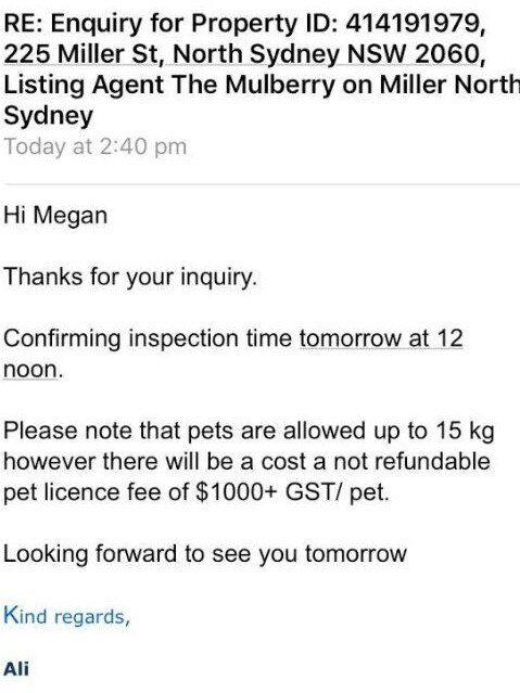 This email from Meriton in October last year confirming the “pet licence” fee with another potential tenant.