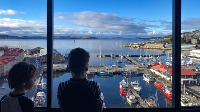 My boys enjoying the view at the Hotel Grand Chancellor in Hobart. Picture: Linda Smith