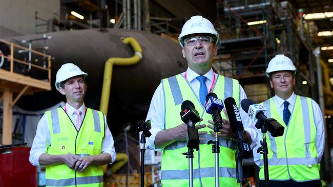 Finance Minister Simon Birmingham, Premier Steven Marshall and ASC chairman Bruce Carter hold a press conference at ASC after the joint Australia, USA and British nuclear submarine agreement. Picture Kelly Barnes