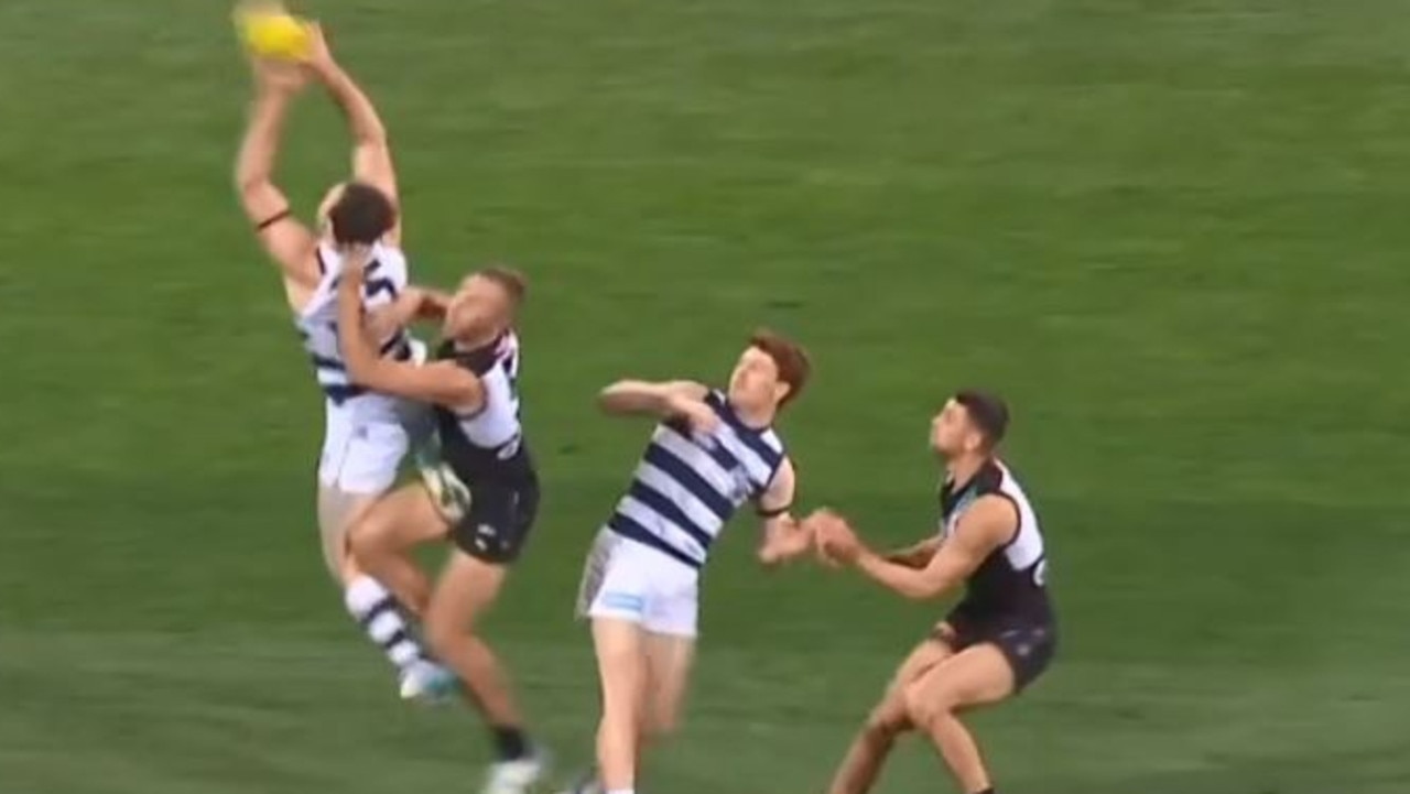 Dangerfield was taken to hospital after the game following an elbow to the ribs from Port Adelaide's Dan Houston. Picture: Fox Sports