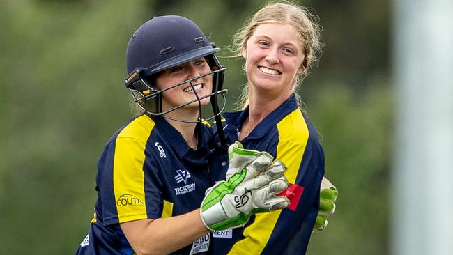 Plenty Valley's Sophie Reid and Sophie Day celebrate a wicket. Picture: Arj Giese