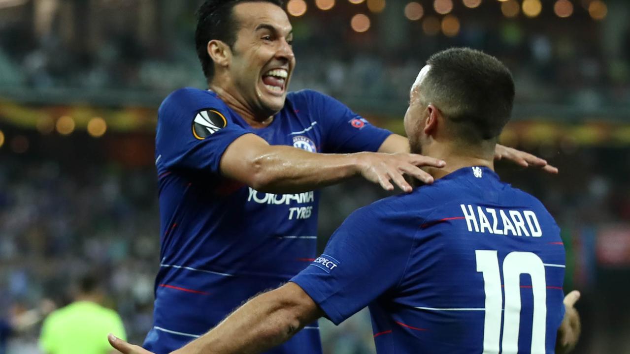 Pedro and Eden Hazard celebrate Chelsea’s big win.