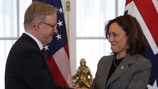 WASHINGTON, DC - OCTOBER 26: Australian Prime Minister Anthony Albanese (L) shakes hands with U.S. Vice President Kamala Harris (R) during a luncheon at the State Department on October 26, 2023 in Washington, DC. Prime Minister Albanese is on a state visit in the U.S.   Alex Wong/Getty Images/AFP (Photo by ALEX WONG / GETTY IMAGES NORTH AMERICA / Getty Images via AFP)