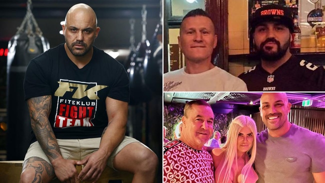 Former Comanchero bikie boss Fidel Tukel, left, pictured with Danny Green, top right, and Jeff and Suzee Fenech, bottom right. Green and Fenech gave him glowing references. Pictures: News Corp/Supplied