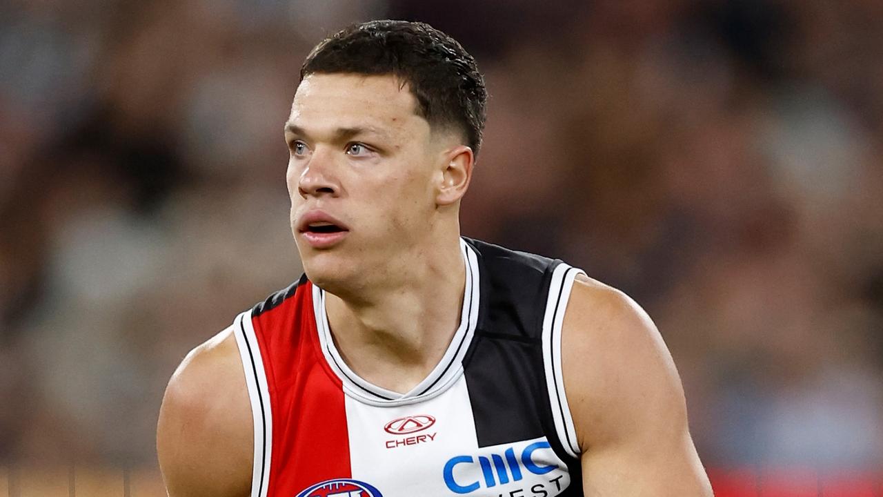 St Kilda midfielder Marcus Windhager has been offered a one-match ban for a bump on Essendon’s Sam Durham on Saturday night. Picture: Michael Willson / Getty Images