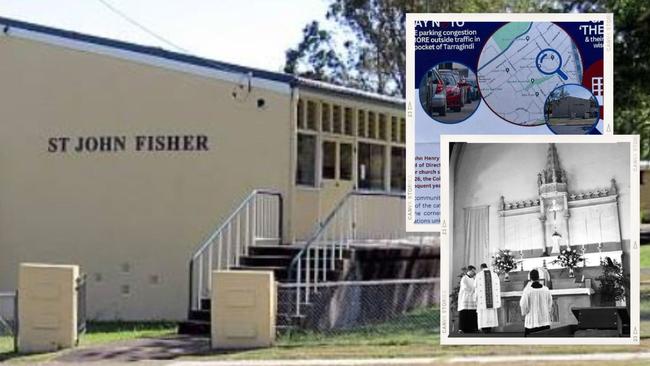 A southside church site linked to Catholic group Brisbane Oratory In Formation has been flagged for a new primary school. (Top right) a flyer protesting at the plans.