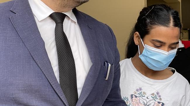 Asmita Pandey leaves Parramatta Local Court with her lawyer after pleading guilty to assaulting for elderly women living at Estia Health in Epping.