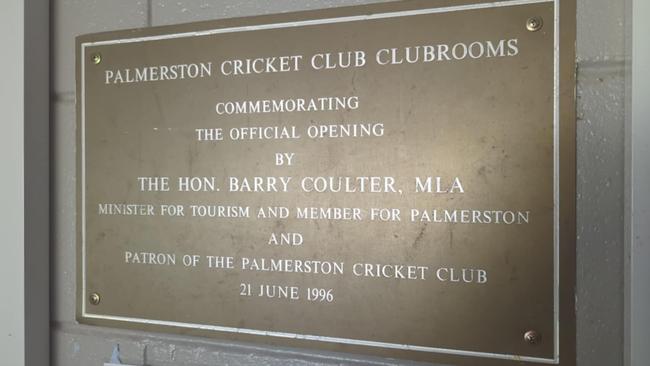 Plaque commemorating the official opening of Palmerston Cricket Club's Woodroofe changerooms. Picture: Contributed