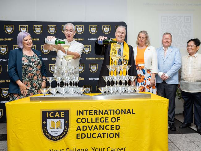 Minister Robyn Cahill, Governor Eugenio Jose Villareal Lacson, Sean Mahoney Chief executive, Minister Marie-Clare Boothby, Brian O'Gallagher and Januario John at the International College of Advanced Education Graduation, May 2025. Picture: Pema Tamang Pakhrin